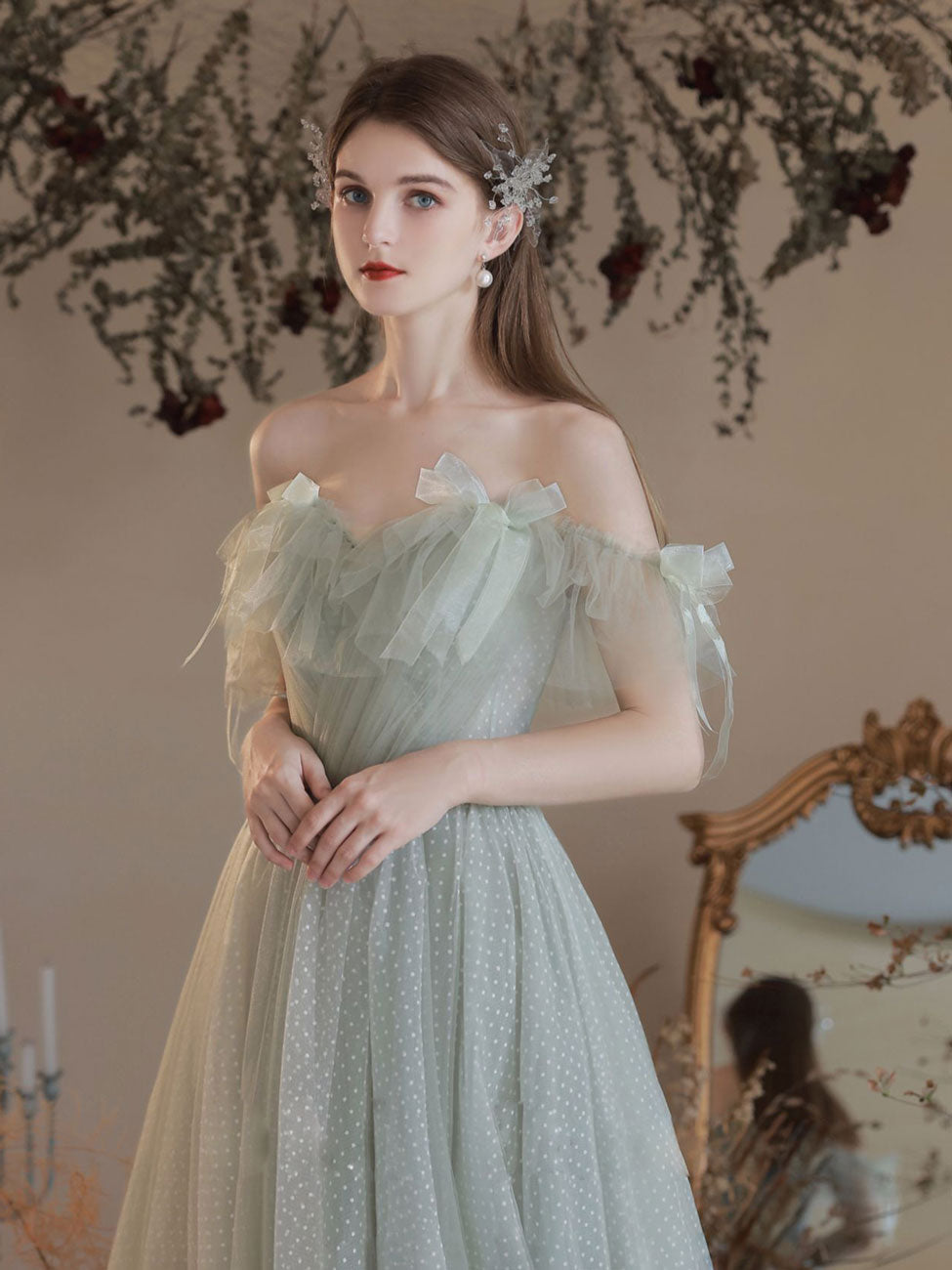 A-Line Sweetheart Neck Floor-Length Sage Green Tulle Prom Dress with Ruffled Cap Sleeves