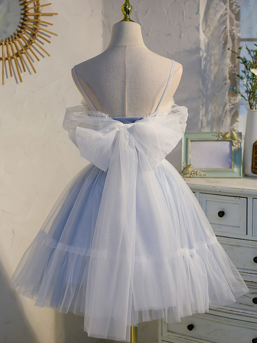 A-Line Sweetheart Neck Short Tulle Homecoming Dress with Lace Appliqué Bodice and Tiered Skirt