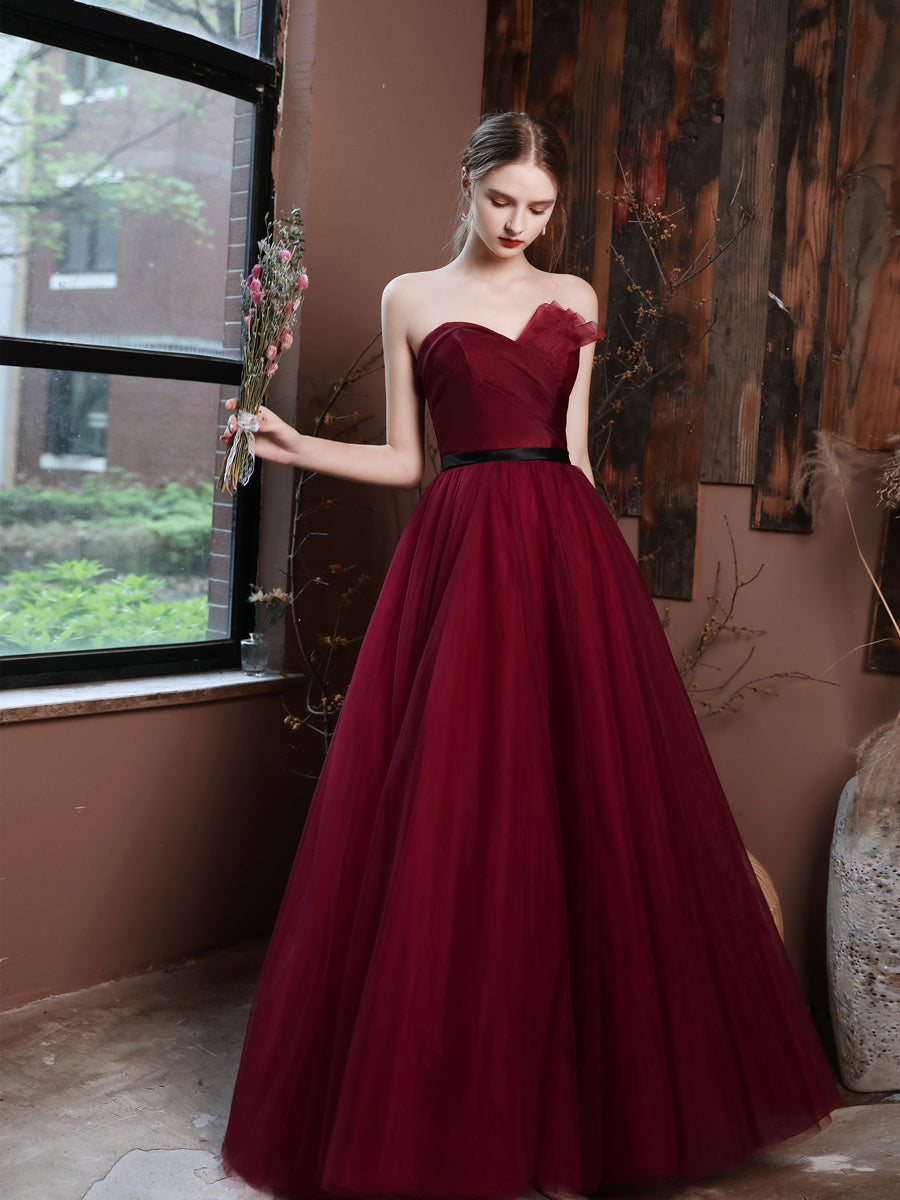 A-Line Burgundy Strapless Sweetheart Floor-Length Tulle Prom Dress with Asymmetrical Ruffle Bodice