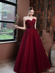 A-Line Burgundy Strapless Sweetheart Floor-Length Tulle Prom Dress with Asymmetrical Ruffle Bodice