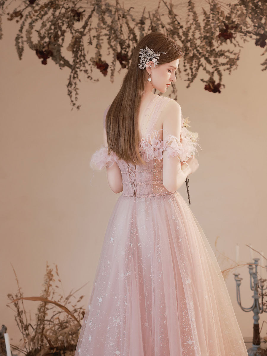 A-Line Sweetheart Off-the-Shoulder Floor-Length Pink Tulle Prom Dress with Floral Trim and Starry Glitter