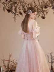 A-Line Sweetheart Off-the-Shoulder Floor-Length Pink Tulle Prom Dress with Floral Trim and Starry Glitter
