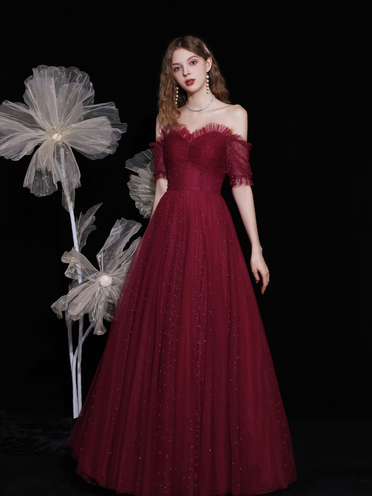 A-Line Off-the-Shoulder Floor-Length Burgundy Tulle Prom Dress with Beading