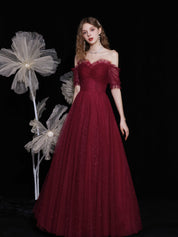 A-Line Off-the-Shoulder Floor-Length Burgundy Tulle Prom Dress with Beading