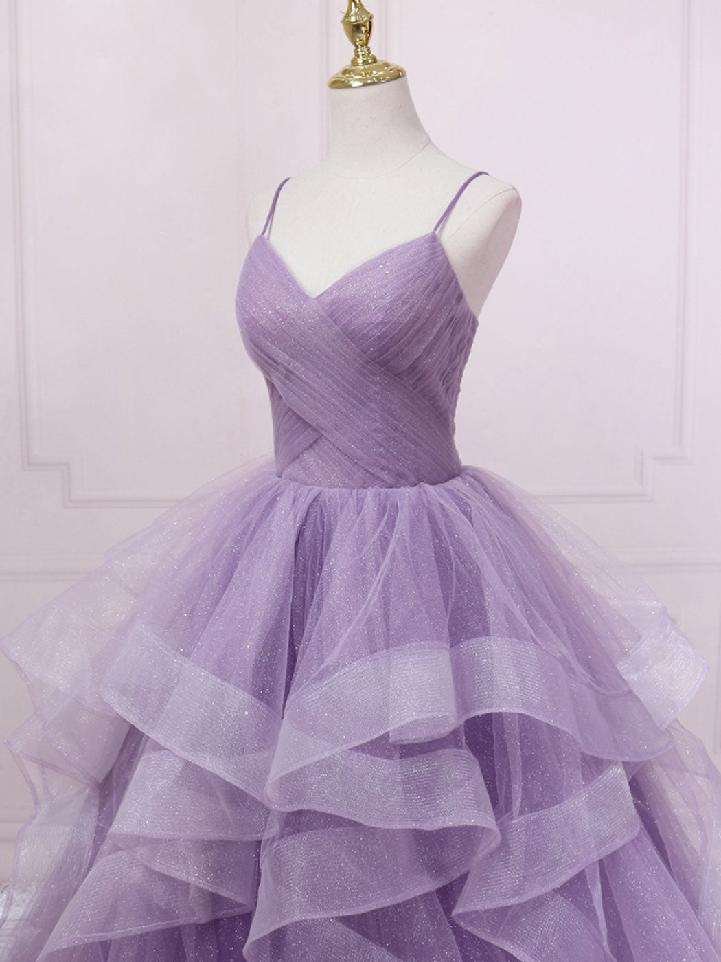 Lavender Ball Gown Sweetheart Neck Floor-Length Tulle Prom Dress with Tiered Ruffle Skirt