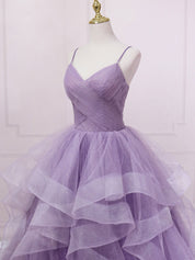 Lavender Ball Gown Sweetheart Neck Floor-Length Tulle Prom Dress with Tiered Ruffle Skirt