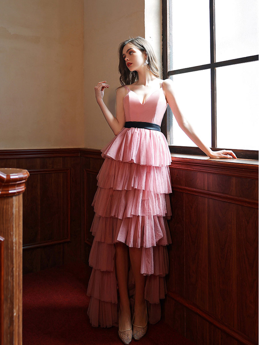 Blush Pink A-Line V Neck Asymmetrical/Floor-Length Tiered Tulle Prom Dress with Layered Ruffles
