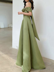Sage Green A-Line Off-the-Shoulder Floor-Length Satin Prom Dress with Draped Bow Detail