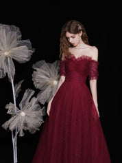 A-Line Off-the-Shoulder Floor-Length Burgundy Tulle Prom Dress with Beading
