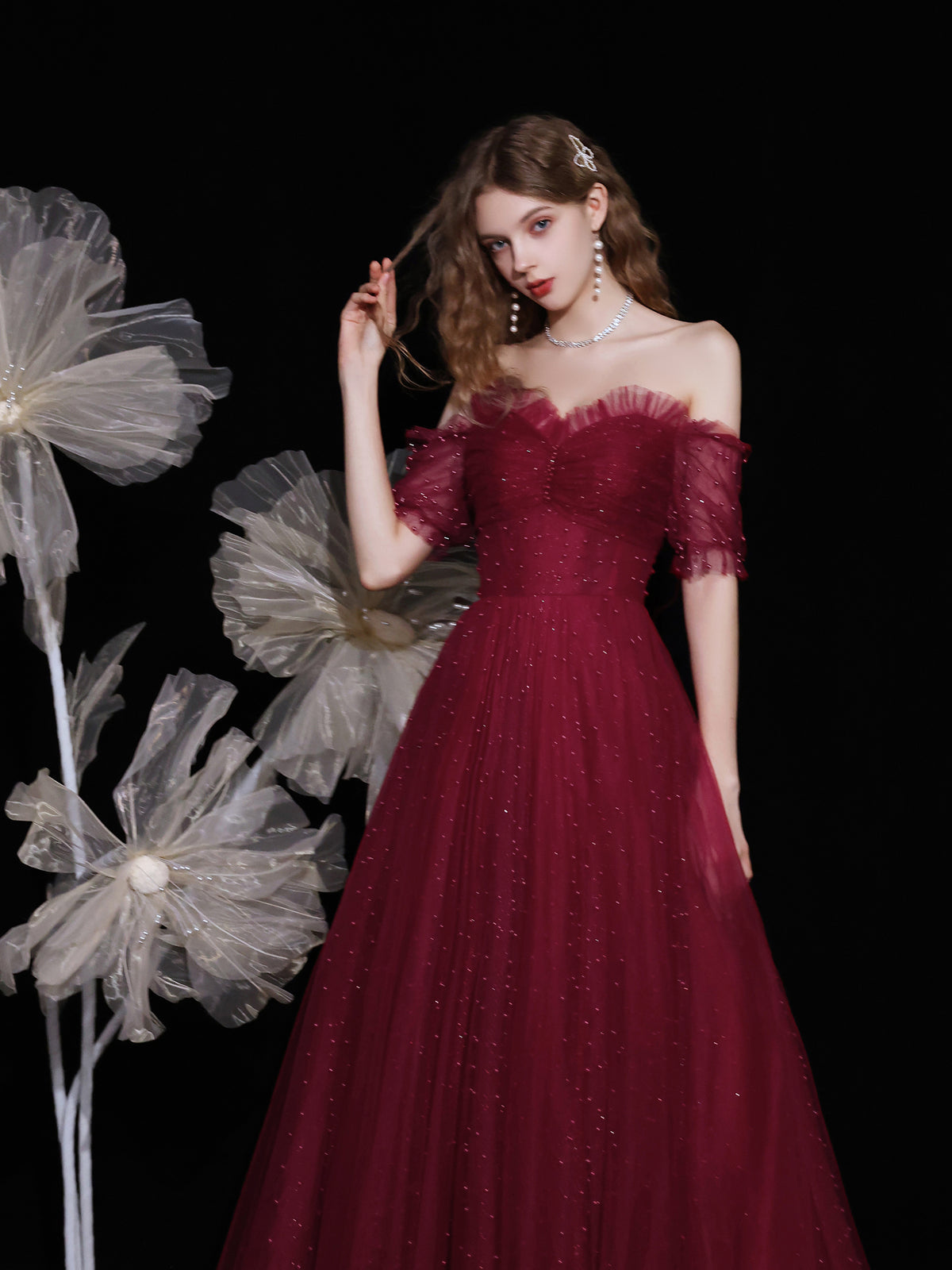 A-Line Off-the-Shoulder Floor-Length Burgundy Tulle Prom Dress with Beading