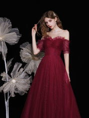 A-Line Off-the-Shoulder Floor-Length Burgundy Tulle Prom Dress with Beading