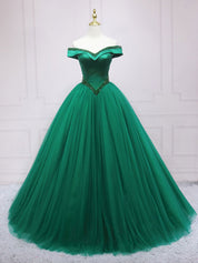 Emerald Ball Gown Off-the-Shoulder Floor-Length Tulle Prom Dress with Beaded Waistline