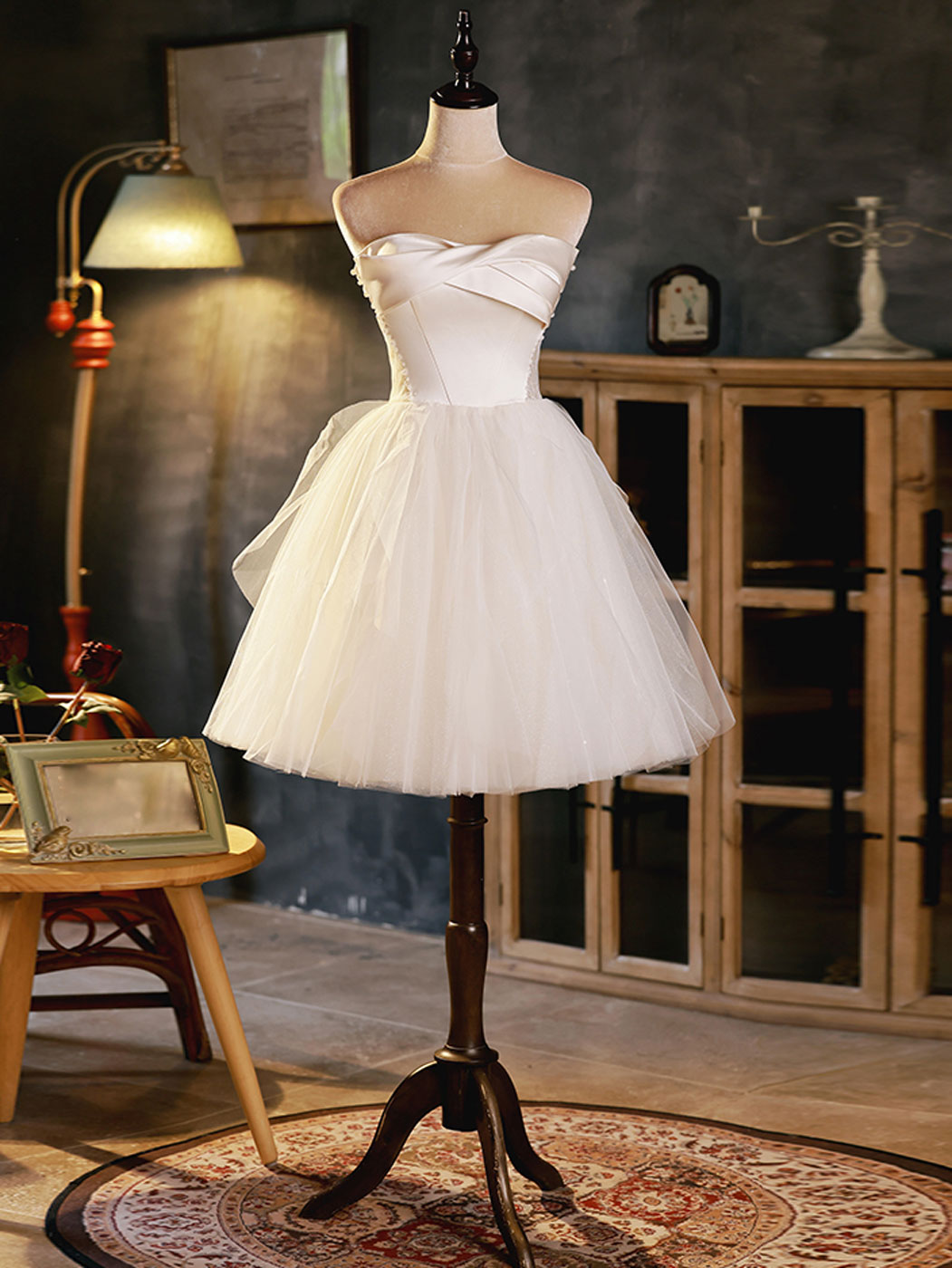 Ivory A-Line Sweetheart Short Tulle Homecoming Dress with Wrapped Bodice