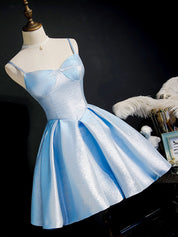 Light Blue A-Line Sweetheart Mini Satin Homecoming Dress with Structured Bustier Bodice
