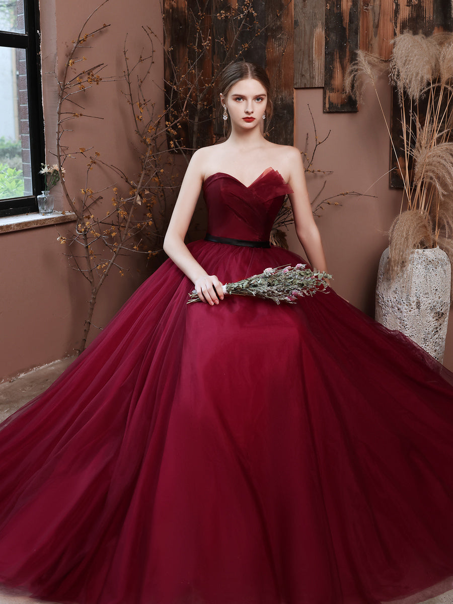 A-Line Burgundy Strapless Sweetheart Floor-Length Tulle Prom Dress with Asymmetrical Ruffle Bodice