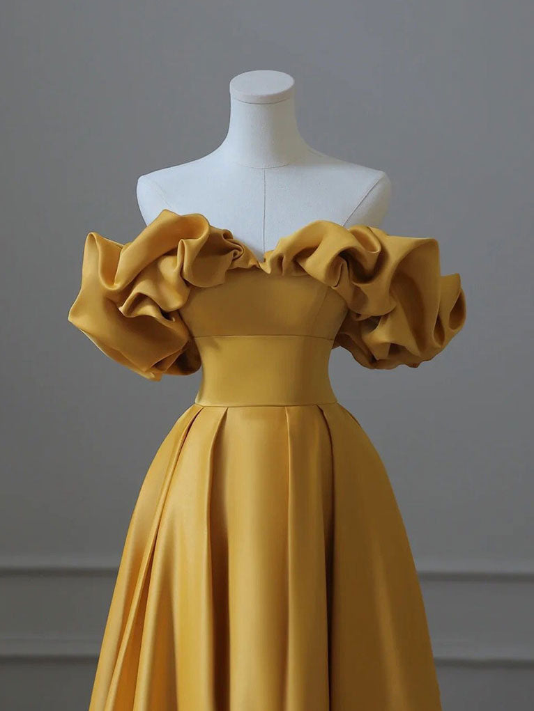 A-Line Off-the-Shoulder Floor-Length Gold Satin Prom Dress with Dramatic Ruffle Sleeves