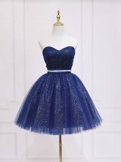 Navy A-Line Sweetheart Neck Short/Mini Tulle Homecoming Dress with Glitter Finish
