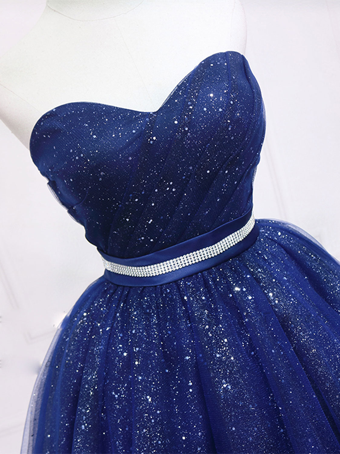 Navy A-Line Sweetheart Neck Short/Mini Tulle Homecoming Dress with Glitter Finish