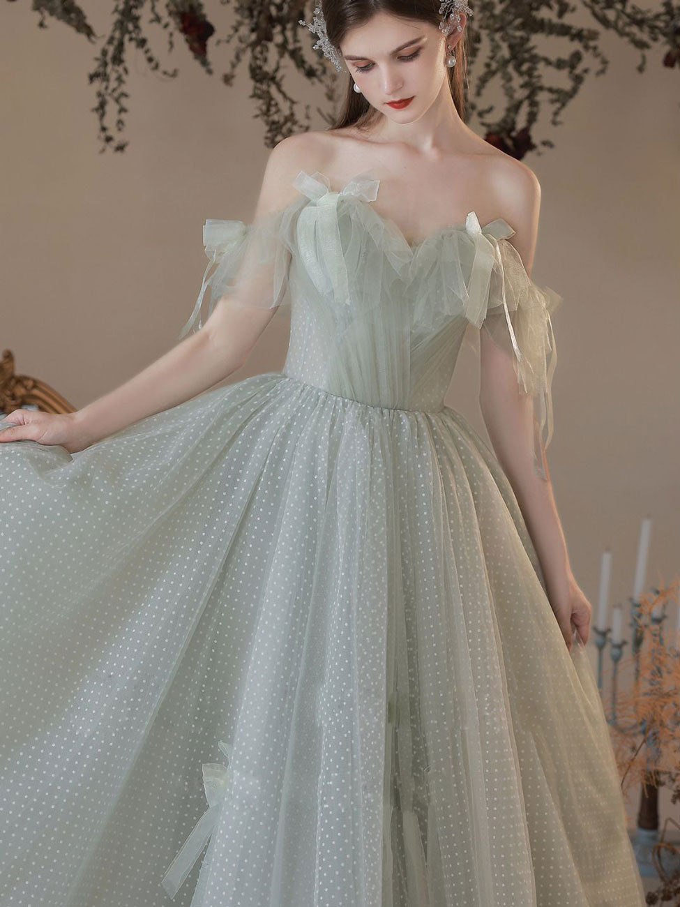 A-Line Sweetheart Neck Floor-Length Sage Green Tulle Prom Dress with Ruffled Cap Sleeves