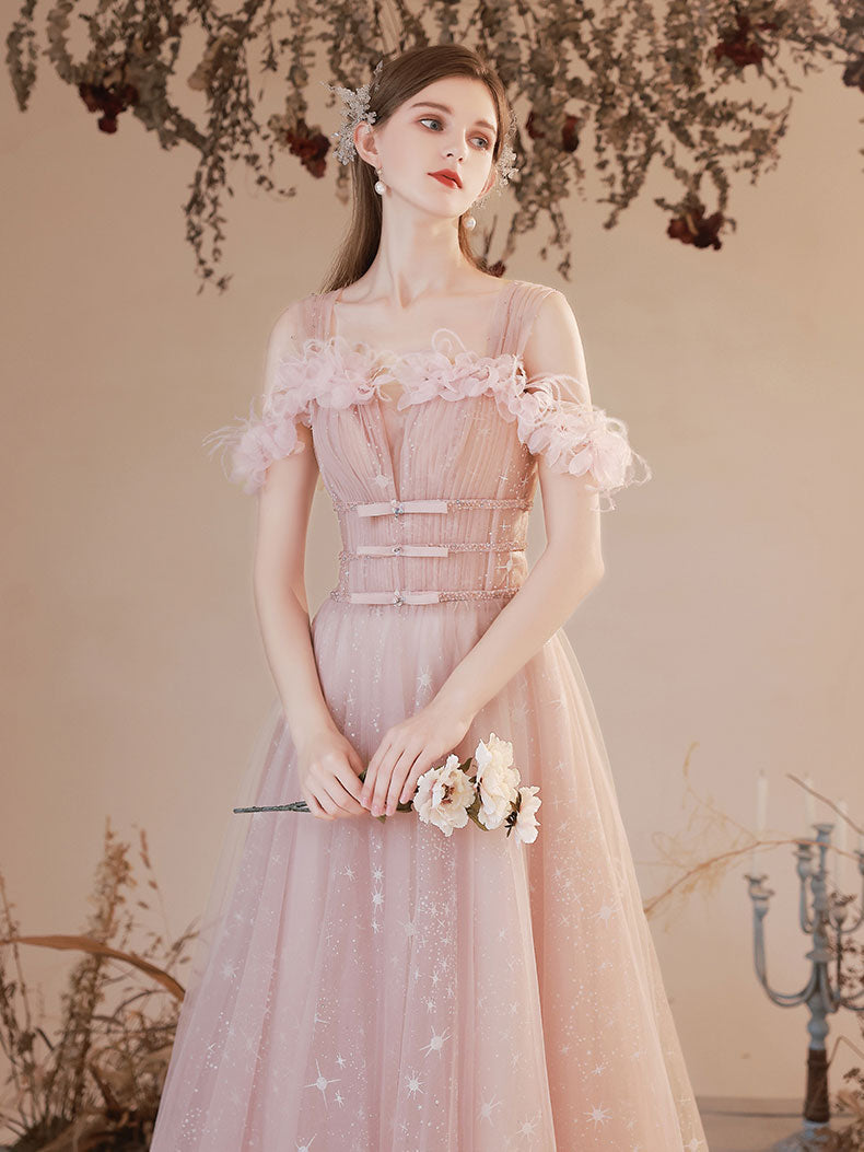 A-Line Sweetheart Off-the-Shoulder Floor-Length Pink Tulle Prom Dress with Floral Trim and Starry Glitter