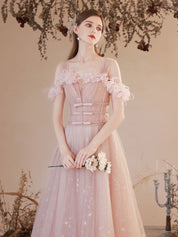 A-Line Sweetheart Off-the-Shoulder Floor-Length Pink Tulle Prom Dress with Floral Trim and Starry Glitter