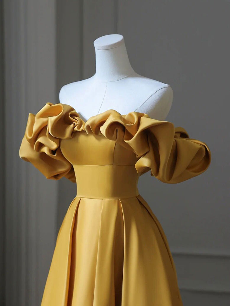 A-Line Off-the-Shoulder Floor-Length Gold Satin Prom Dress with Dramatic Ruffle Sleeves