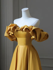 A-Line Off-the-Shoulder Floor-Length Gold Satin Prom Dress with Dramatic Ruffle Sleeves