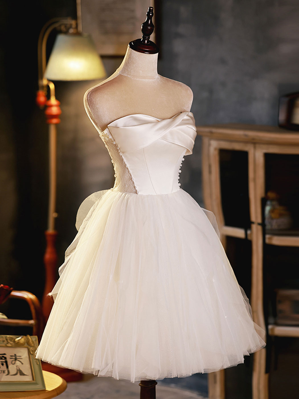 Ivory A-Line Sweetheart Short Tulle Homecoming Dress with Wrapped Bodice
