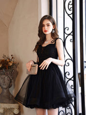 Black A-Line Sweetheart Neck Knee-Length Tulle Homecoming Dress with Sheer Lace-Up Bodice