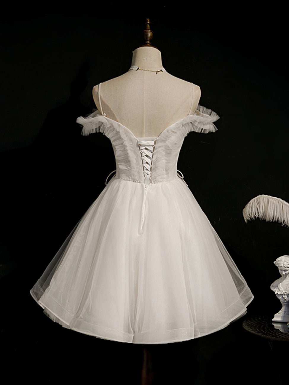 A-Line Off-the-Shoulder Mini White Tulle Homecoming Dress with Ruffled Corset Bodice