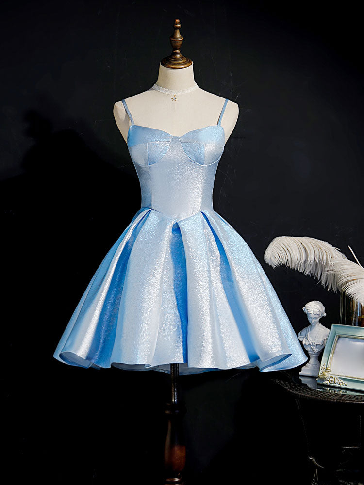 Light Blue A-Line Sweetheart Mini Satin Homecoming Dress with Structured Bustier Bodice