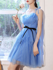 Light Blue A-Line Sweetheart Mini Tulle Homecoming Dress with Ruffled Neckline & Contrast Waist Bow