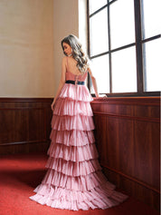 Blush Pink A-Line V Neck Asymmetrical/Floor-Length Tiered Tulle Prom Dress with Layered Ruffles