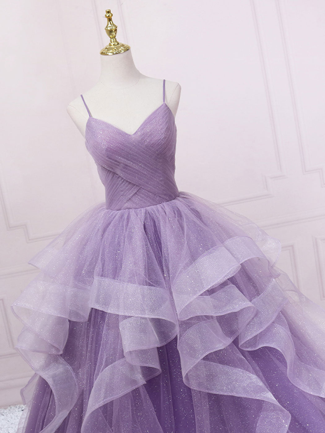 Lavender Ball Gown Sweetheart Neck Floor-Length Tulle Prom Dress with Tiered Ruffle Skirt