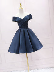 Navy A-Line Off-the-Shoulder Knee-Length Satin Homecoming Dress with Pleated Bodice