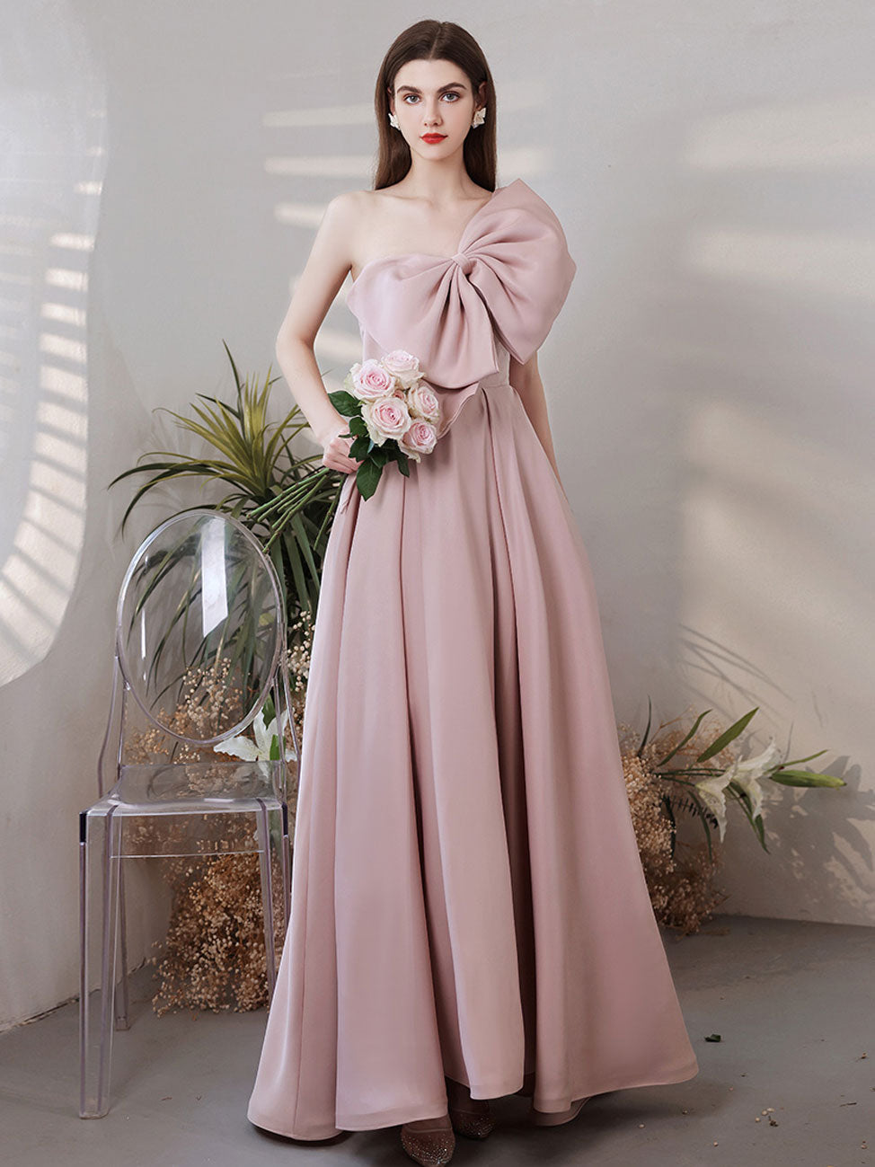 A-Line One-Shoulder Floor-Length Blush Satin Prom Dress with Sculptural Bow Detail