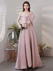 A-Line One-Shoulder Floor-Length Blush Satin Prom Dress with Sculptural Bow Detail