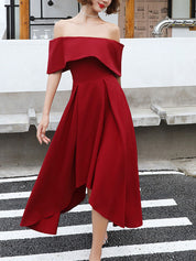 Red A-Line Off-the-Shoulder High-Low Chiffon Prom Dress with Draped Asymmetrical Hem