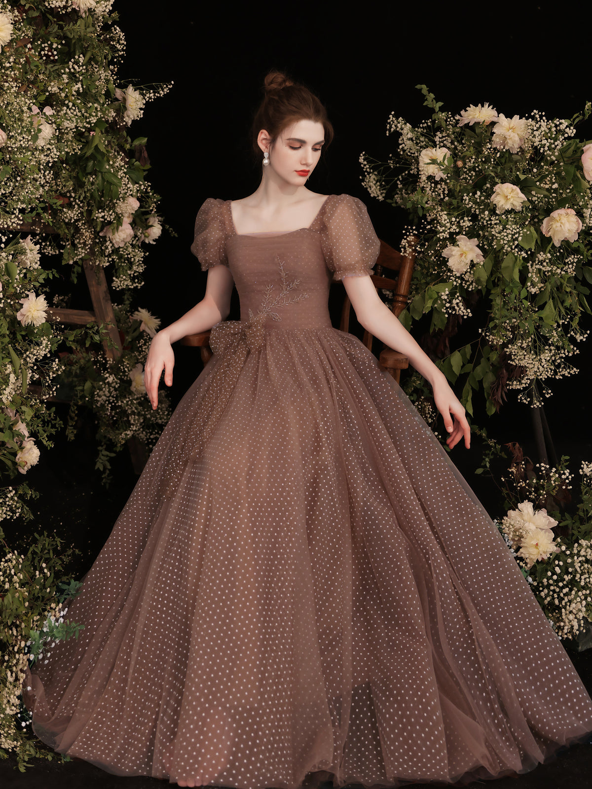 A-Line Square Neck Floor-Length Mocha Polka Dot Tulle Prom Dress with Puff Sleeves