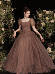 A-Line Square Neck Floor-Length Mocha Polka Dot Tulle Prom Dress with Puff Sleeves