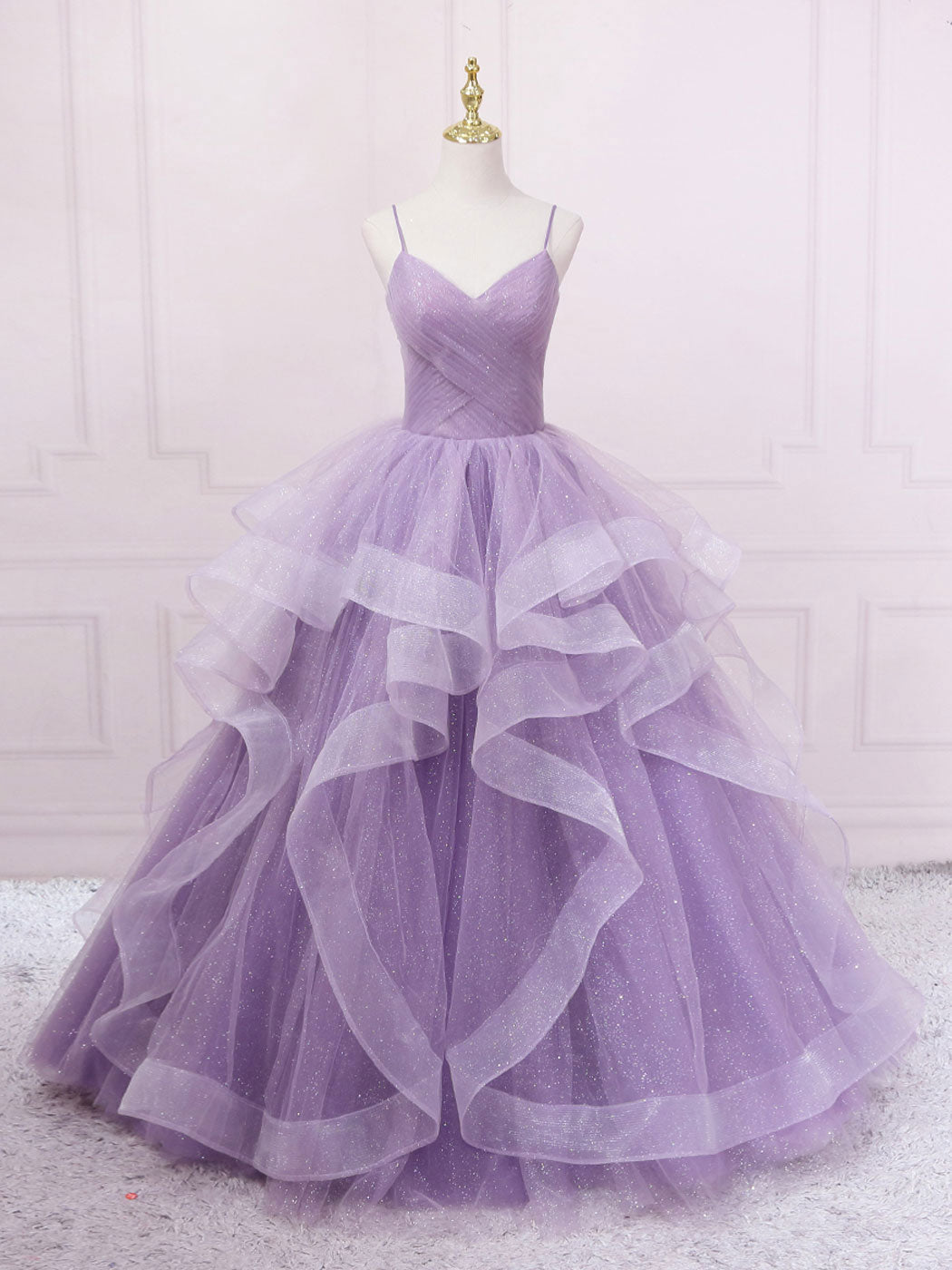 Lavender Ball Gown Sweetheart Neck Floor-Length Tulle Prom Dress with Tiered Ruffle Skirt