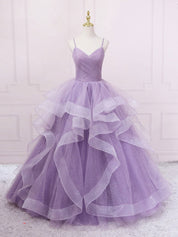 Lavender Ball Gown Sweetheart Neck Floor-Length Tulle Prom Dress with Tiered Ruffle Skirt