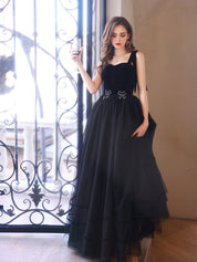 Black A-Line Sweetheart Neck Floor-Length Tulle Prom Dress with Bow Embellishments