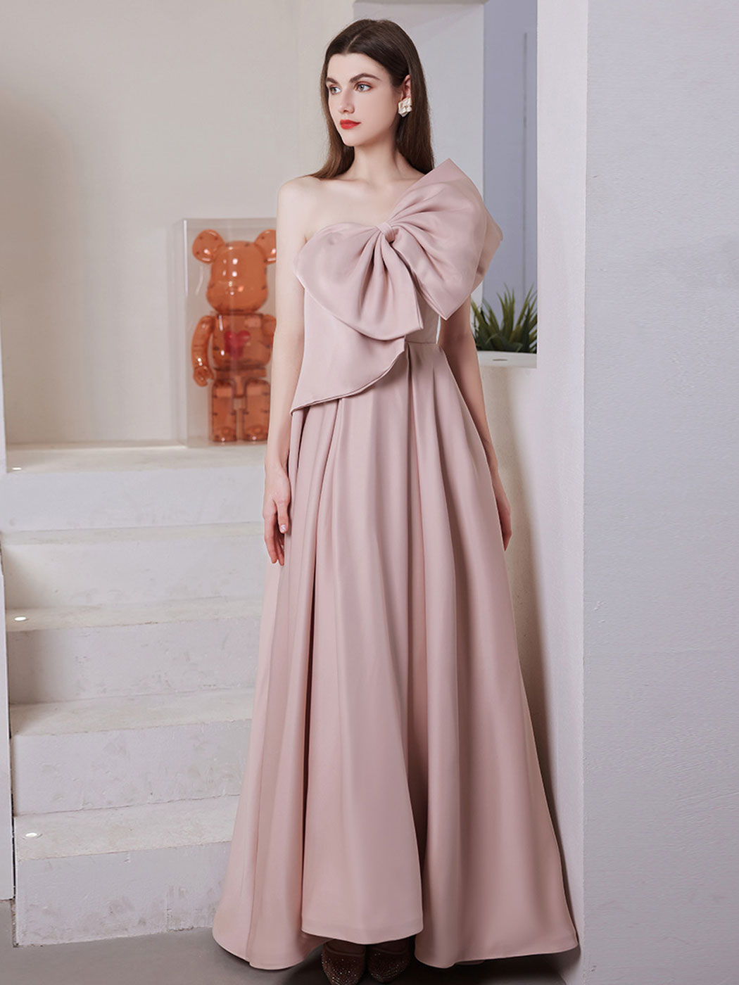 A-Line One-Shoulder Floor-Length Blush Satin Prom Dress with Sculptural Bow Detail