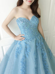 Light Blue A-Line Sweetheart Neck Floor-Length Tulle Prom Dress with Lace Appliqué