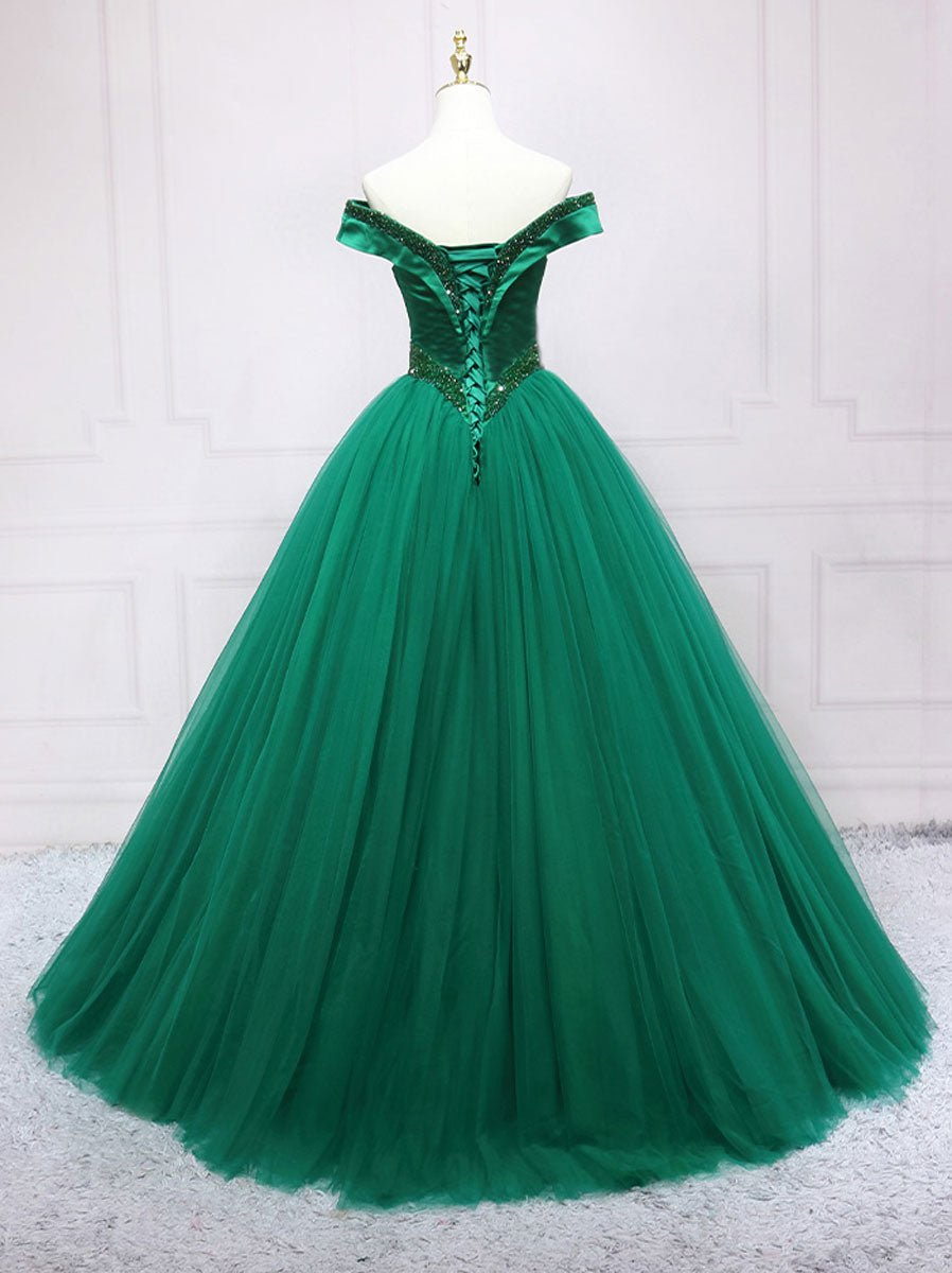 Emerald Ball Gown Off-the-Shoulder Floor-Length Tulle Prom Dress with Beaded Waistline