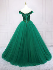 Emerald Ball Gown Off-the-Shoulder Floor-Length Tulle Prom Dress with Beaded Waistline