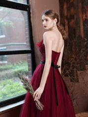 A-Line Burgundy Strapless Sweetheart Floor-Length Tulle Prom Dress with Asymmetrical Ruffle Bodice