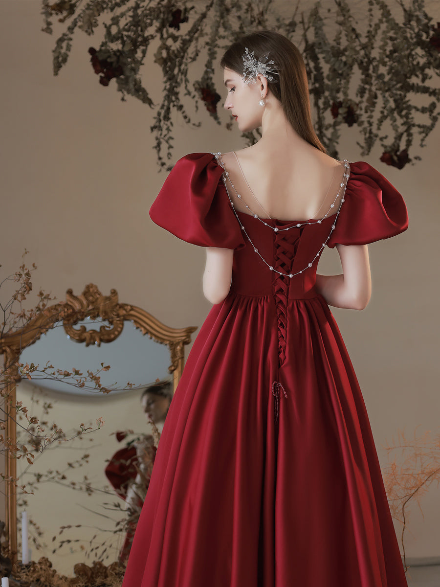 A-Line Sweetheart Neck Floor-Length Red Satin Prom Dress with Puff Sleeves