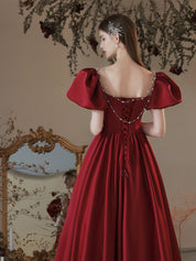 A-Line Sweetheart Neck Floor-Length Red Satin Prom Dress with Puff Sleeves